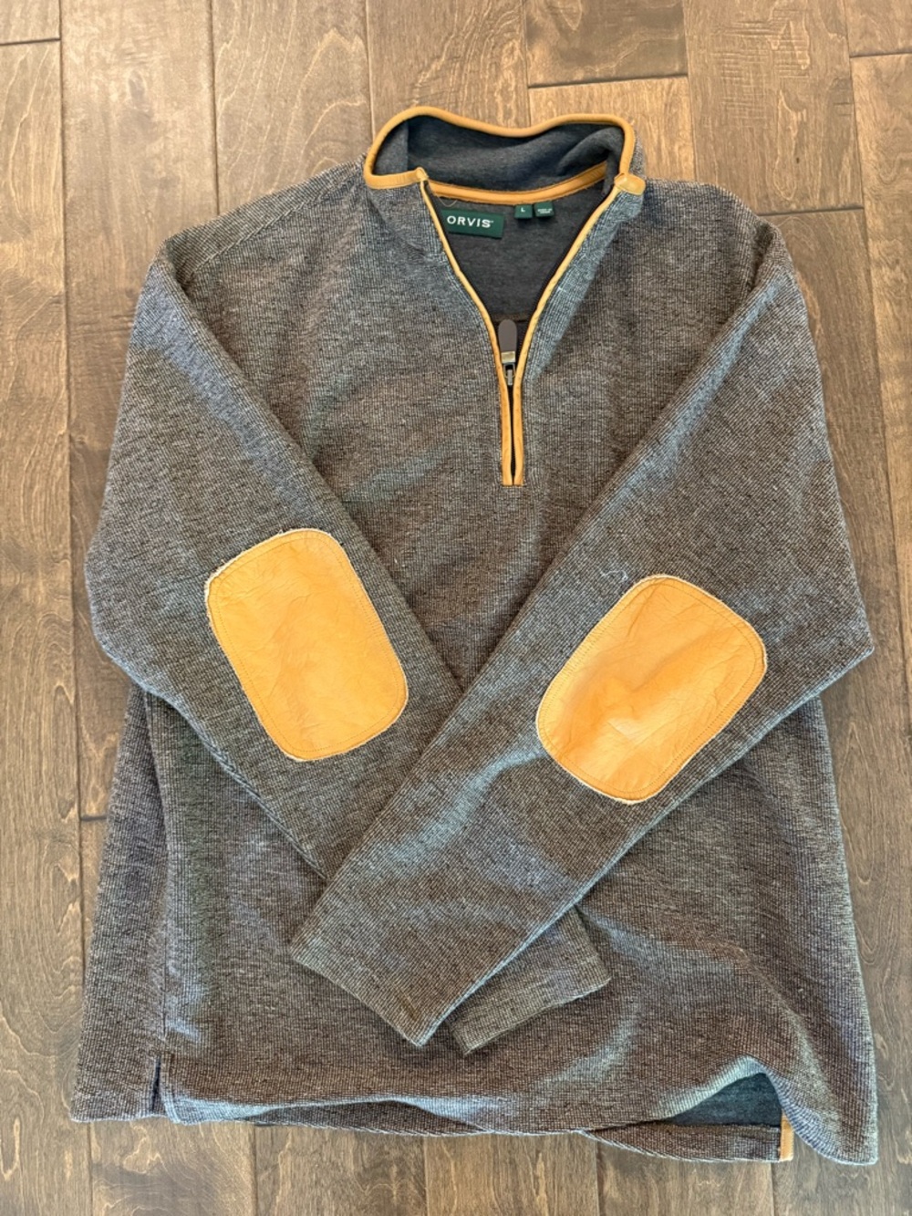 Orvis Men's Charcoal Gray Zip-Neck Sweater with Tan Elbow Patches